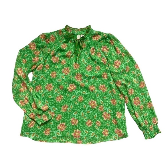 JOIE boho Kelly green floral tie front long sleeve blouse - Picture 2 of 10